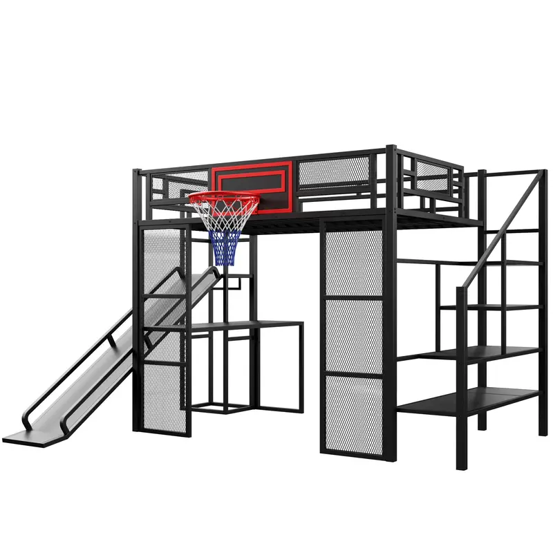 Playful Loft Bed With Built-In Desk, Open-Concept Wardrobe, Mounted Basketball Hoop, Fun Slide, And Sturdy Staircase 2