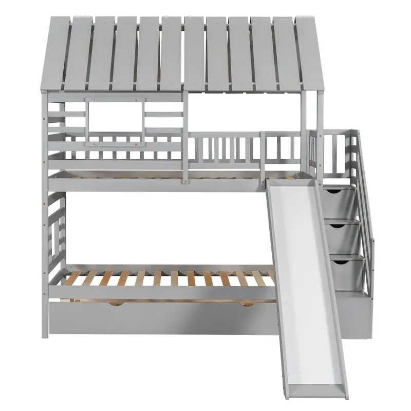 Playhouse-Inspired Bunk Bed With Trundle, Staircase Storage, And Decorative Roof-And-Window Facade 1