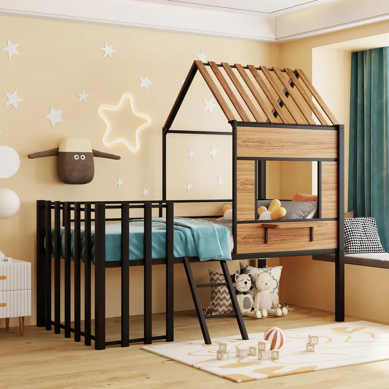 Playhouse Loft Bed – Includes Roof, Window, Guardrail, And Ladder For Kids’ Rooms 1