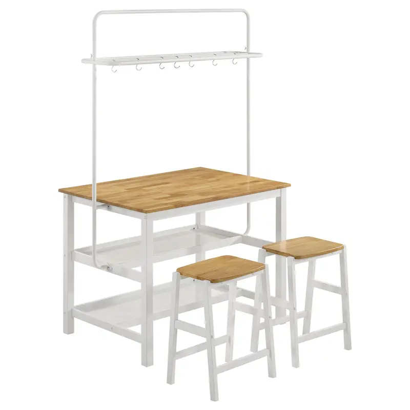 Prager White Kitchen Island Set: Counter Table, Overhead Rack, And Two Backless Stools 1