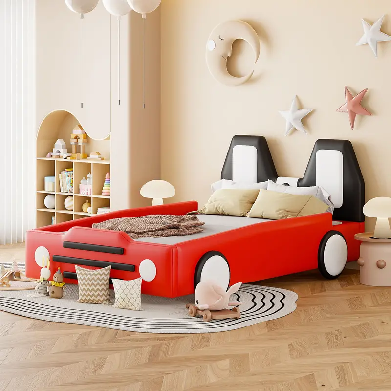 Premium Race Car–Inspired Platform Bed With Realistic Wheel Accents 1