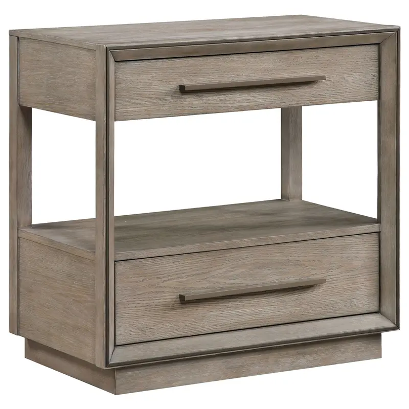 Prescott Taupe Nightstand With Two Drawers And Open Shelf 1