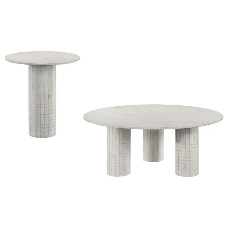 Preston White Round Coffee And End Table Set With Cylindrical Pedestals 1