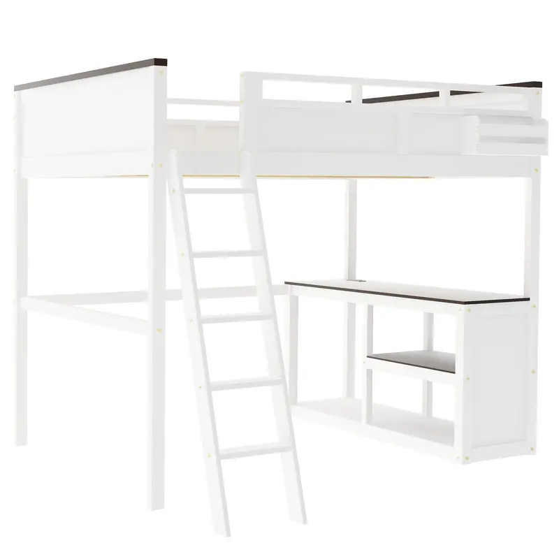 Queen Loft Bed With Work Desk, Open Shelving, Storage Bin, And Usb Charging Station – White 1