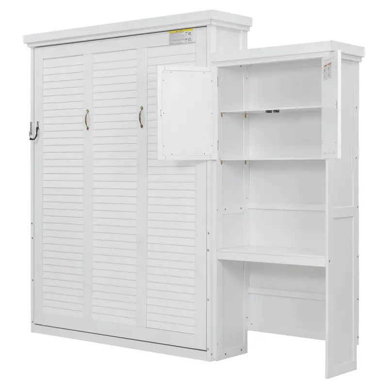 Queen Murphy Bed With Louvered Front Panel, Tiered Shelving, And Clean White Finish 1