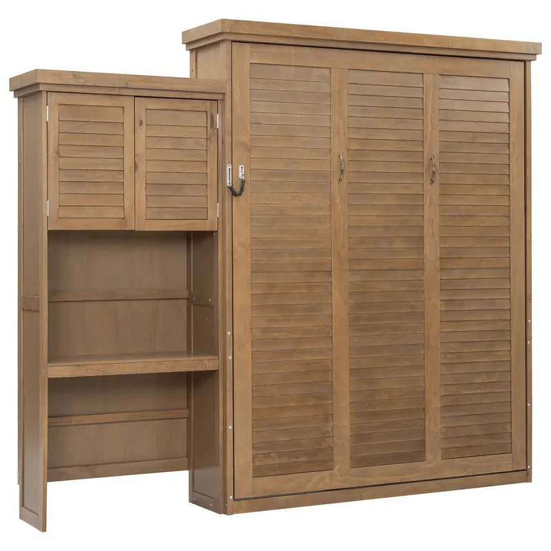 Queen Murphy Bed With Textured Louvered Doors, Ample Shelving, And Warm Woodgrain Finish 1