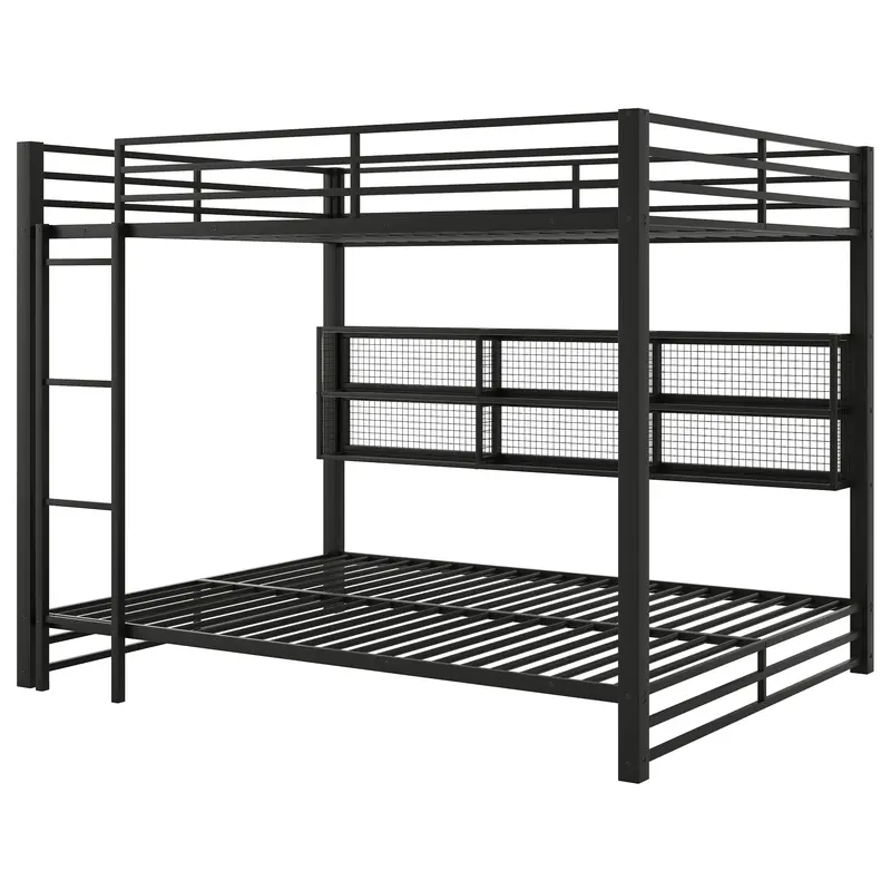 Queen-Over-Queen Bunk Bed With Led Lighting, Six Storage Compartments, And Reinforced Black Frame 1