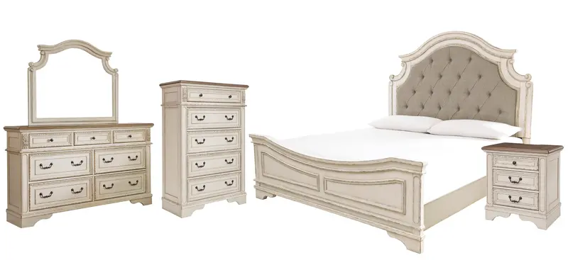 Realyn Upholstered Panel Bed Collection Featuring Mirrored Dresser, Chest, And Nightstand 1