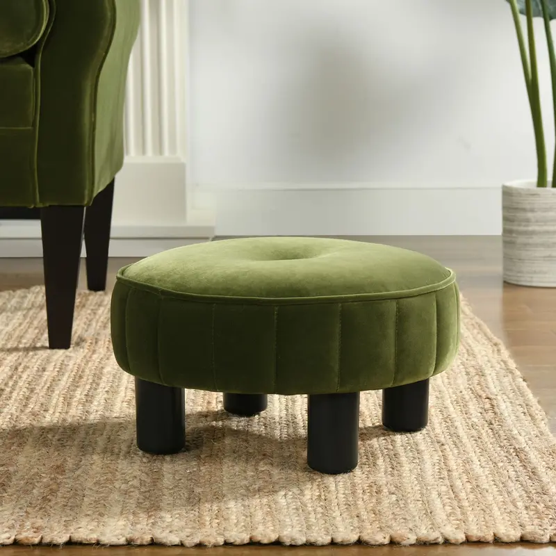 Riley Compact Round Footstool – Olive Green Upholstered Ottoman 1
