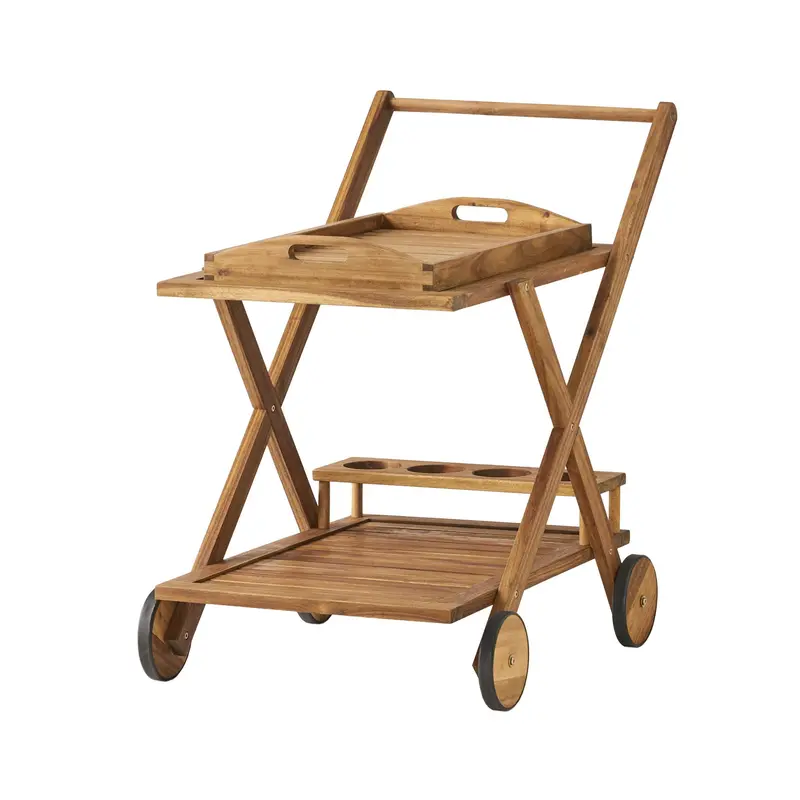 Riviera Natural-Stained Mobile Bar Cart With Casters For Entertaining 1