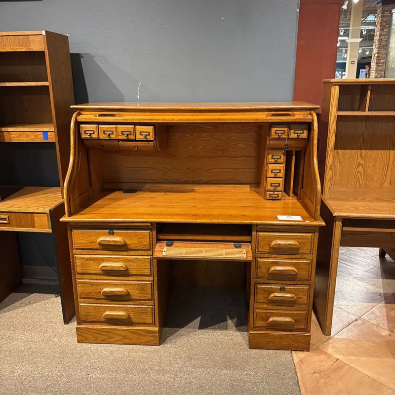 Rolltop Executive Desk With Vintage-Inspired Design And Ample Workspace – Brown Woodgrain Finish 1