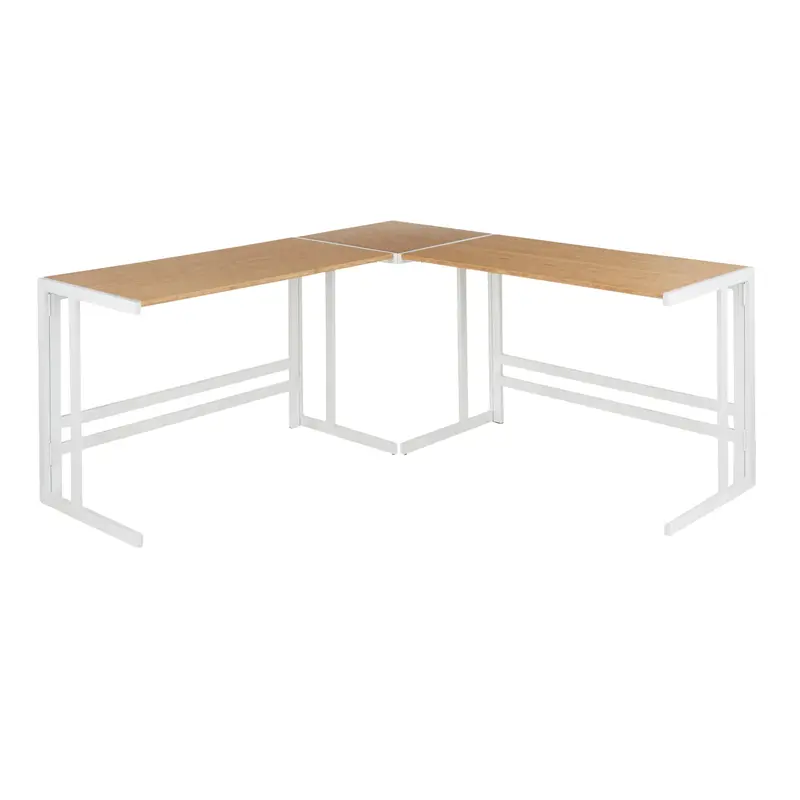Roman Industrial L-Shaped Desk – White Laminate Surface And Natural Wood Veneer Legs 1