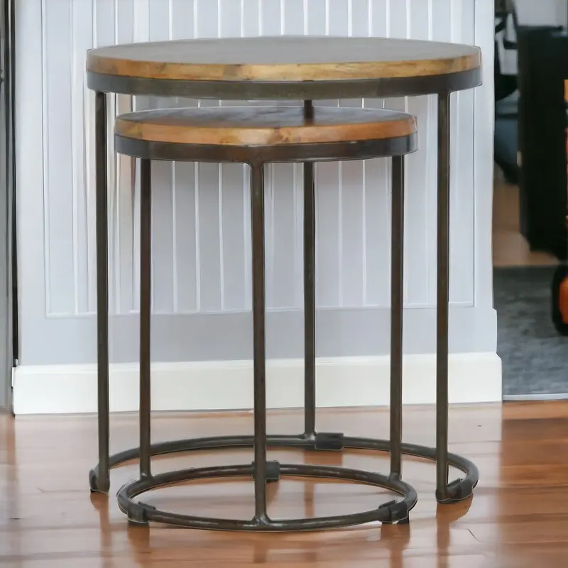 Round Iron-Base Stool Table Set (2 Pcs) – Brown & Black 1