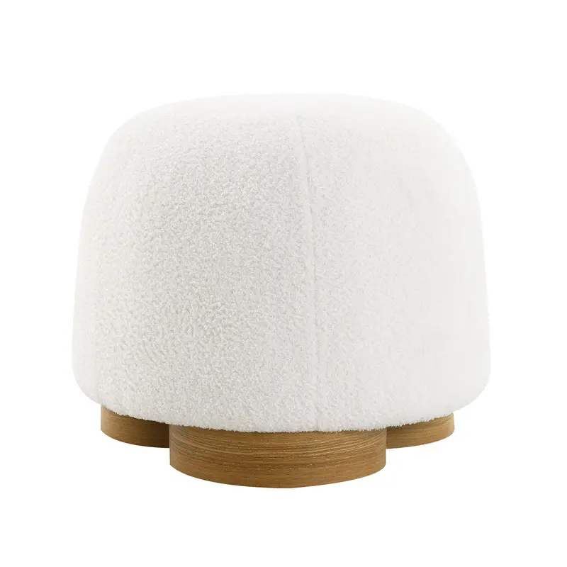 Round Soft-Touch Teddy Fabric Ottoman With Metallic Accents 2
