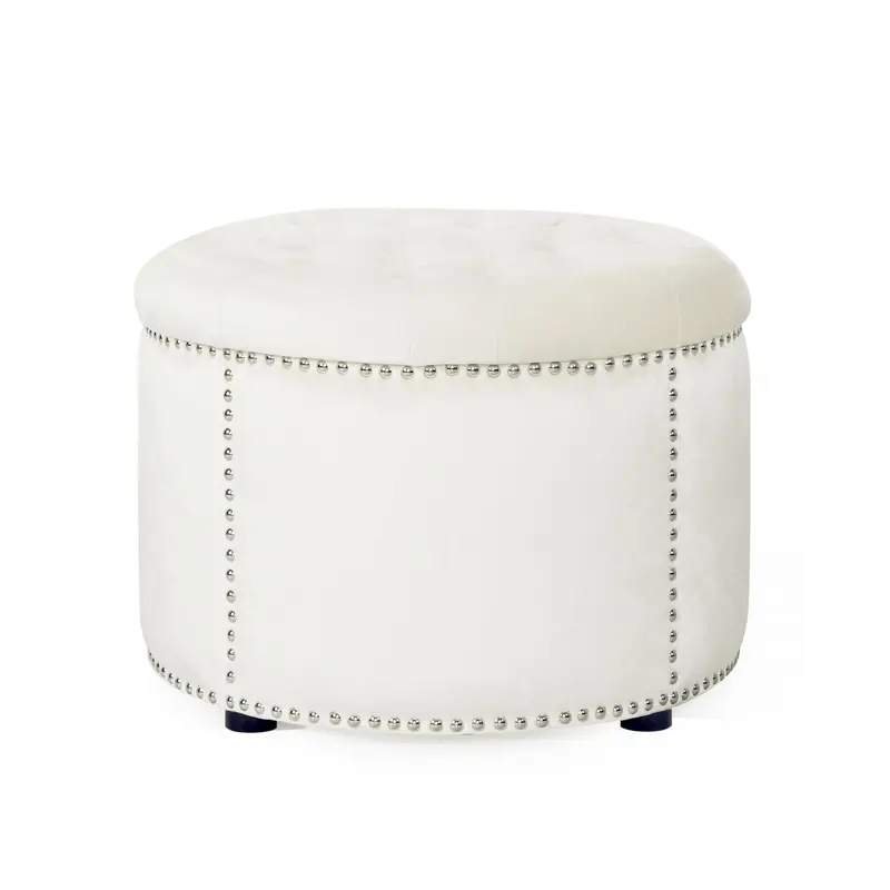 Round Upholstered Ottoman – Decorative Studded Rim Accent 1