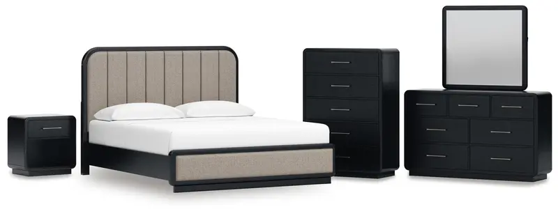 Rowanbeck California King Upholstered Bed Suite: Dresser, Mirror, Chest & Nightstand 1