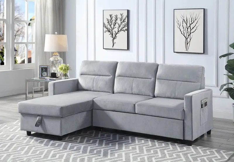 Ruby Light Gray Reversible Sleeper Sectional With Storage Chaise & Side Pocket 1