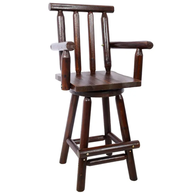 Rustic Fir Wood Bar Stool With Broad Armrests And Natural Grain Finish 1