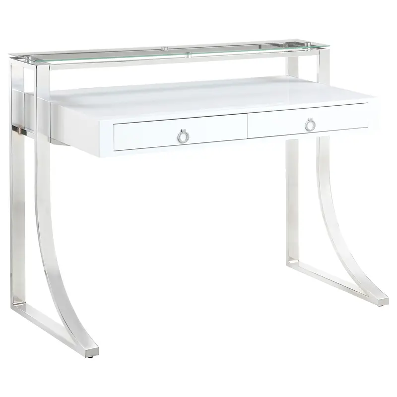 Serrano 2-Drawer Writing Desk With Glass Hutch – Sleek Glossy White Design 1
