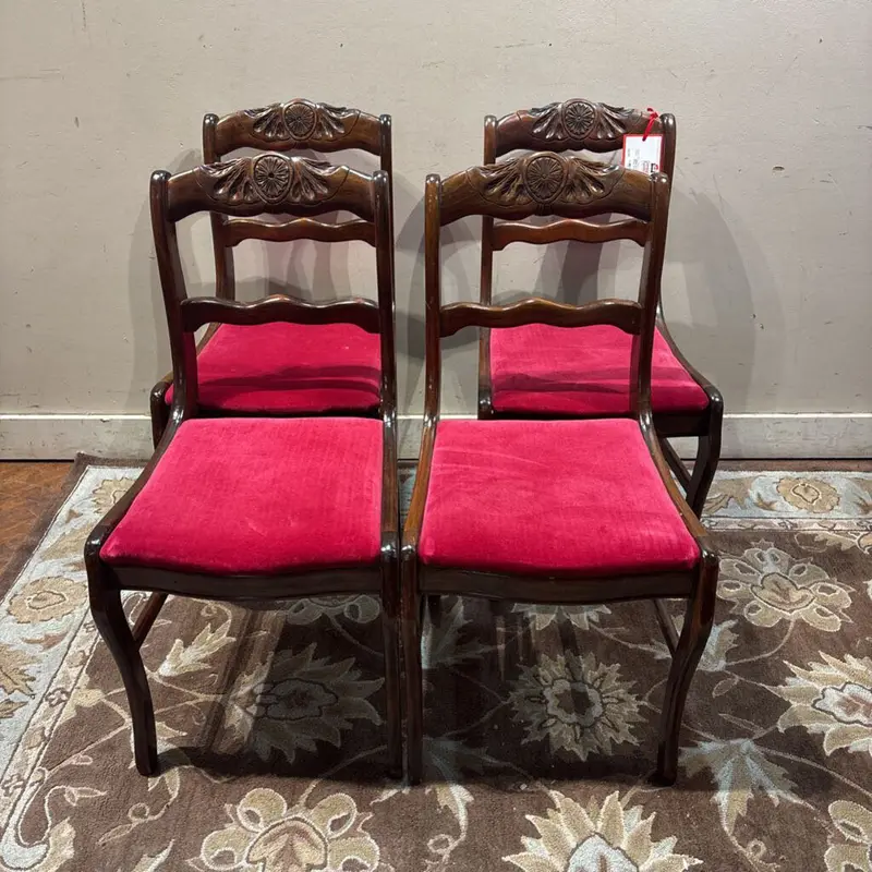 Set Of Four Wooden Dining Chairs With Red Upholstery (Kl) 1