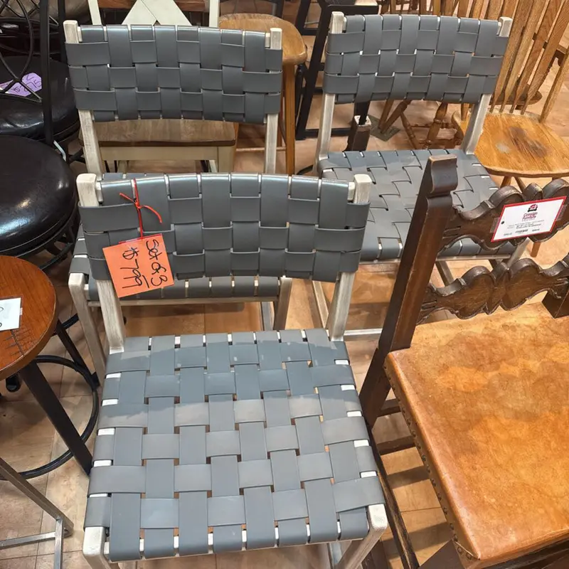 Set Of Three Grey Laced Bar Stools – Upholstered Seat & Metallic Legs (Khk) 1