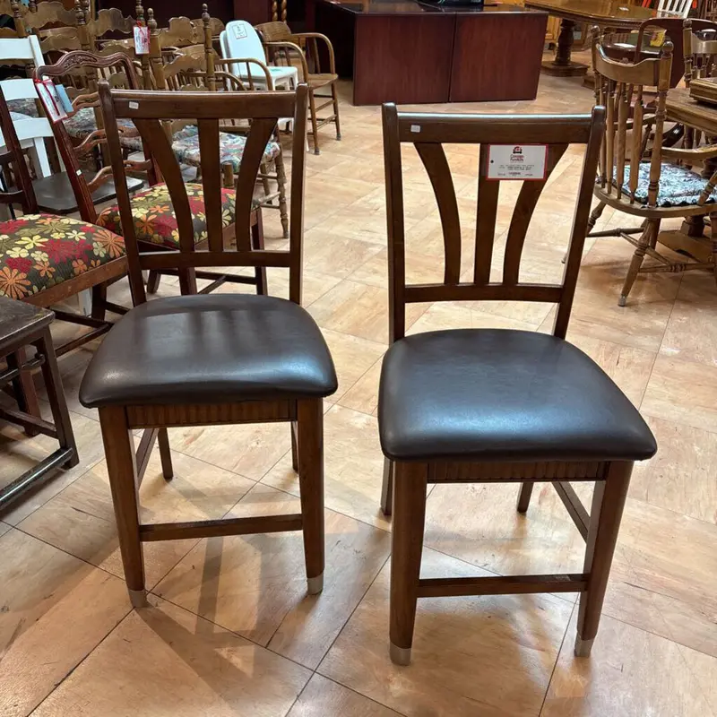 Set Of Two Brown Leather-And-Wood Accent Stools – Compact And Stylish 1