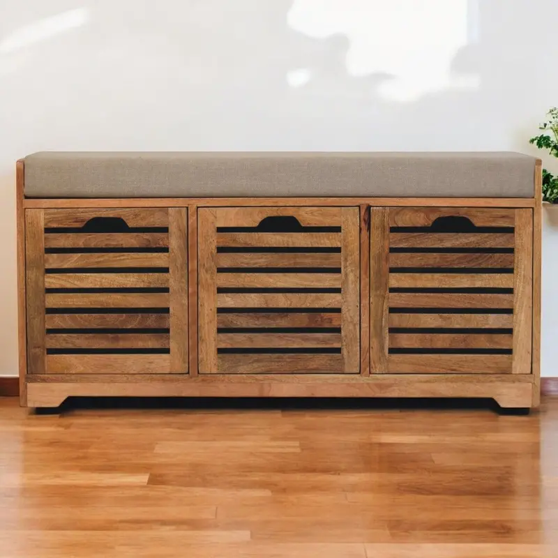 Shutter-Style Shoe Bench – Oak-Finished Entryway Seat With Three Storage Drawers 1