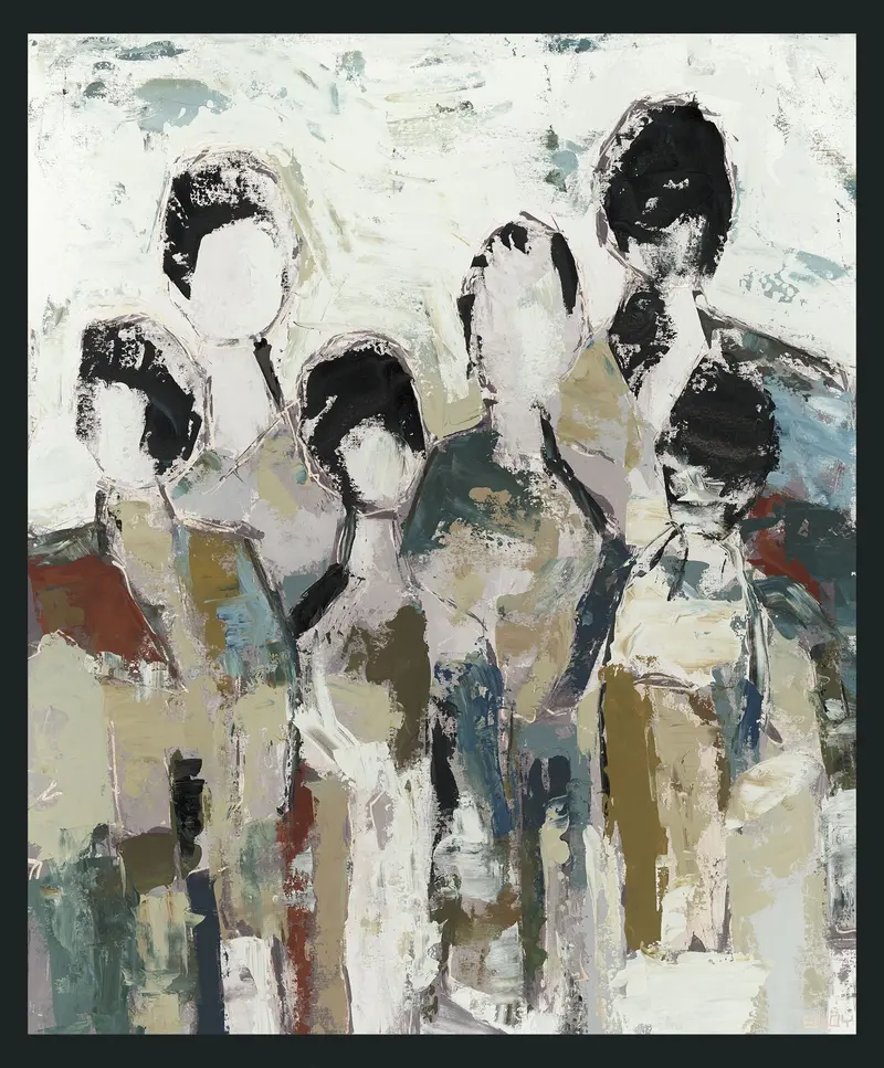 Six-Person Light Brown And White Canvas Painting By Buddy Whitlock (48" X 72") 1