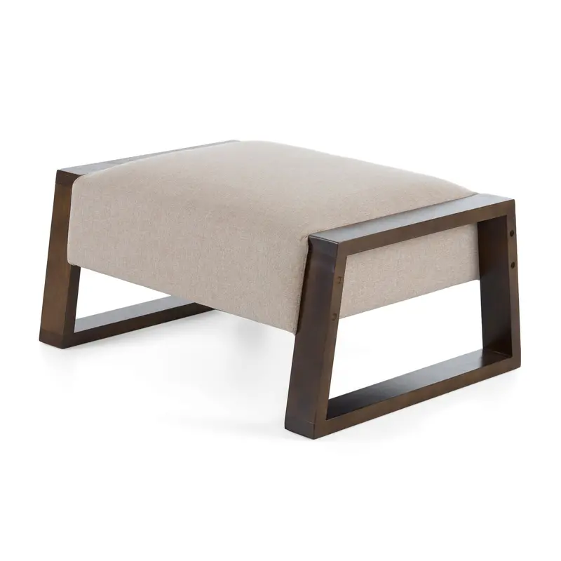 Sleek Beige Polyester Ottoman – Rubberwood Legs & Minimalist Profile 1