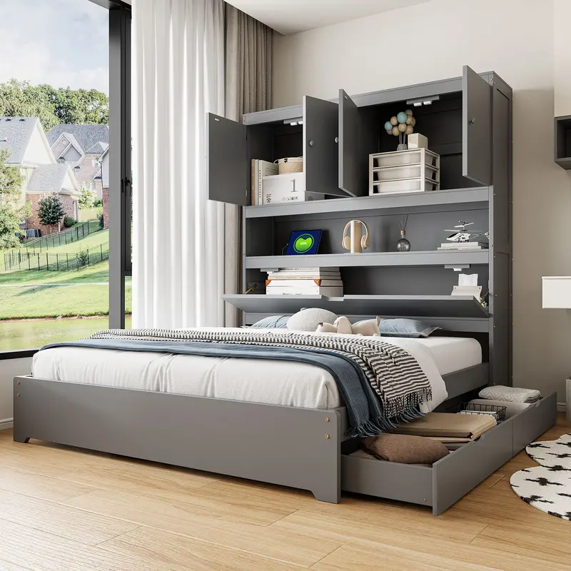 Smart Platform Bed With Usb Charging, Storage Headboard, And Under-Bed Drawers 1