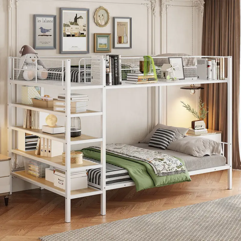 Space-Saving Bunk Bed With Five-Tier Vertical Storage Shelves 1