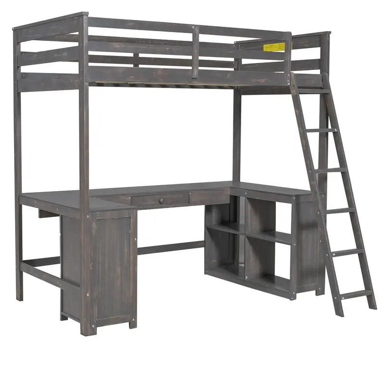 Space-Saving Loft Bed Featuring Integrated U-Shaped Desk, Concealed Drawers, And Modular Wall Shelves 1