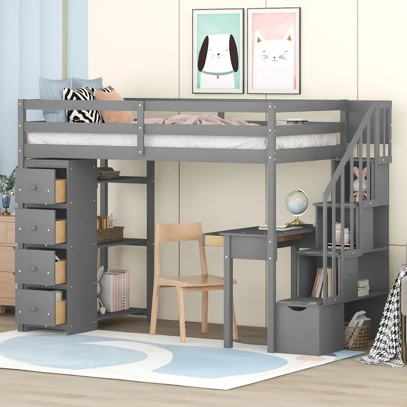 Space-Saving Loft Bed With Built-In Drawers, Study Desk, And Shelved Staircase 2