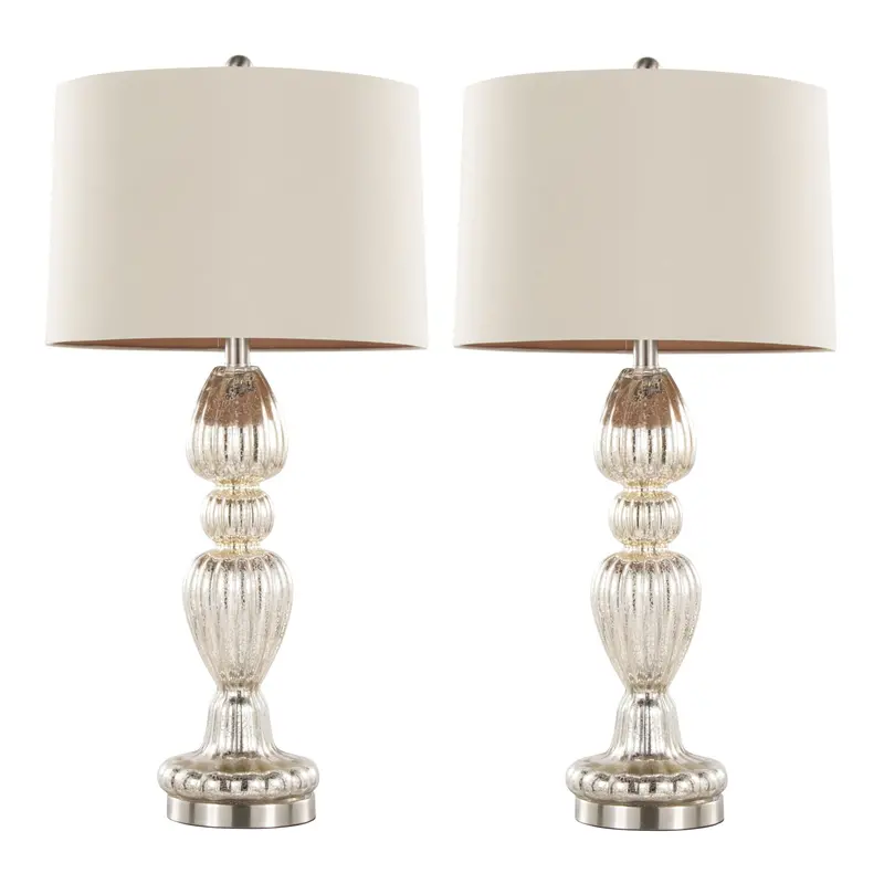 Spade Pair Of Contemporary Table Lamps – Mercury And Nickel Accents With Natural Textured Bases 1
