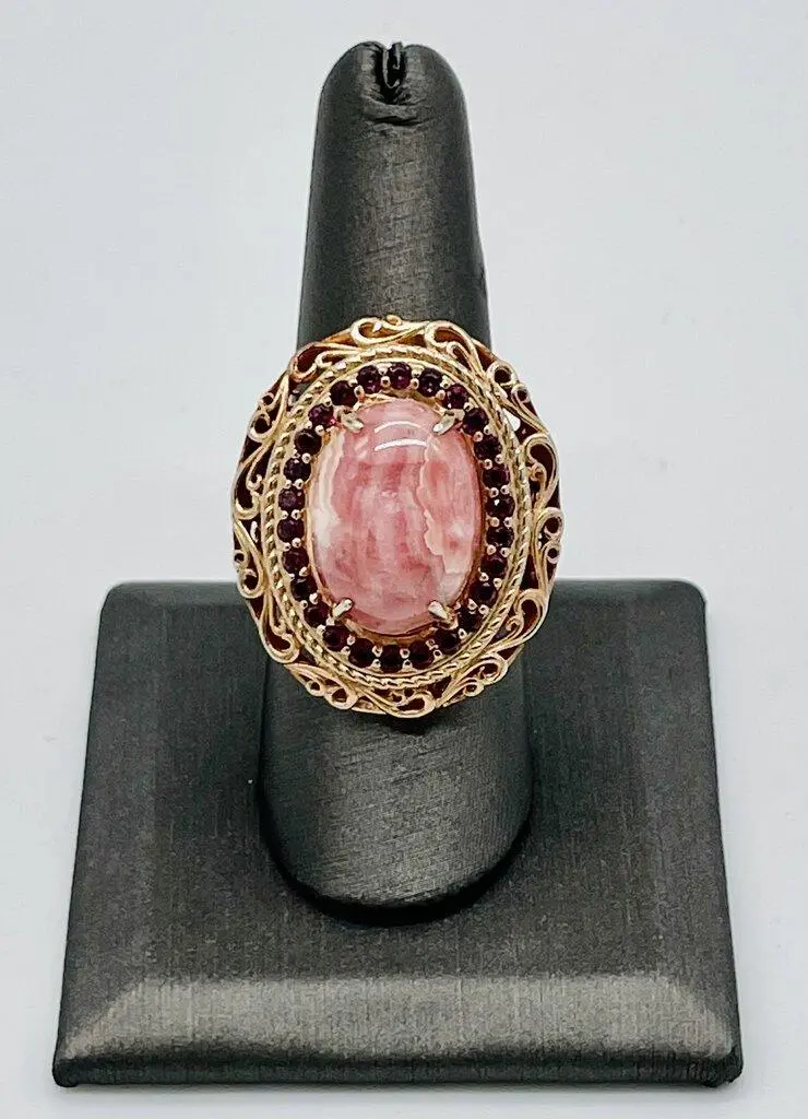 Stainless Steel Rhodochrosite Ring With Pink Halo Setting 1