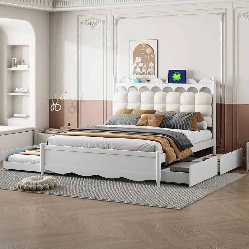 Storage Platform Bed With Dual Large Drawers, Pull-Out Trundle, And Built-In Power Outlets + Usb Ports 1