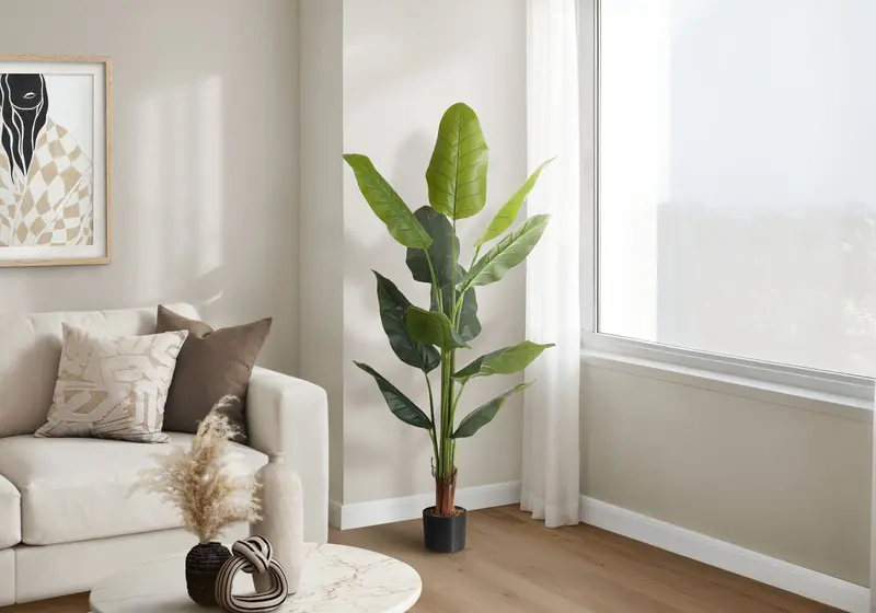 Strelitzia Artificial Floor Plant – Lifelike Faux Banana Tree In Black Pot (Green Foliage) 1