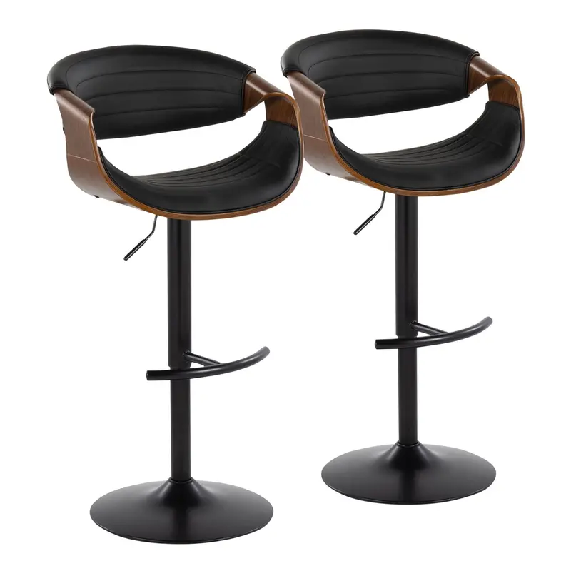 Symphony Mid-Century Modern Swivel Barstool Set – Adjustable Height & Rounded T-Footrest (2-Pack), Black Frame With Walnut Seat 1