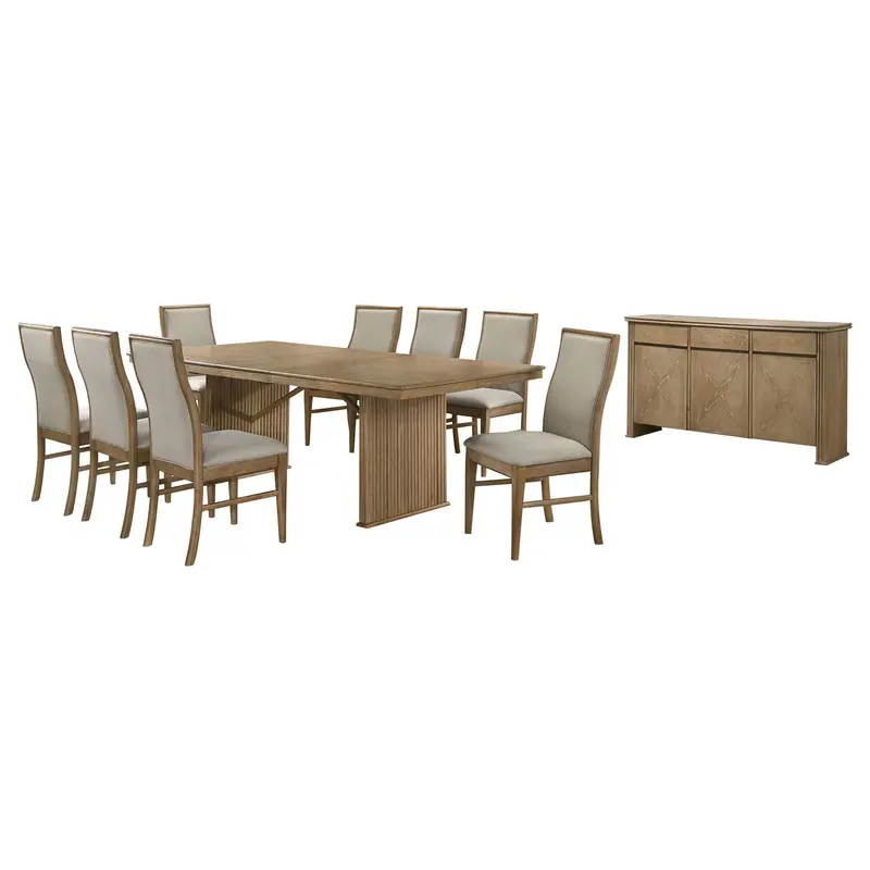 Ten-Piece Extendable Dining Set – Upholstered Chairs And Light Brown Sideboard Included 1