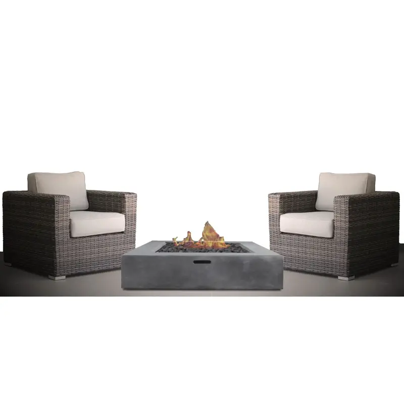 Three-Piece Brown Rattan Patio Set With Fire Pit And Performance Cushions 1