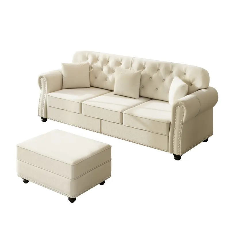 Three-Seater Upholstered Sofa Set With Coordinating Ottoman 1