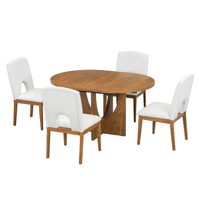 Topmax Compact 5-Piece Round Extendable Dining Set With Removable Leaf For Small Spaces 1