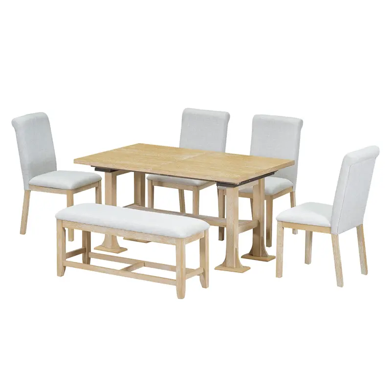 Topmax Farmhouse-Style Extendable Dining Set: 6-Piece Trestle Table With Removable Leaf & Upholstered Chairs And Bench 1