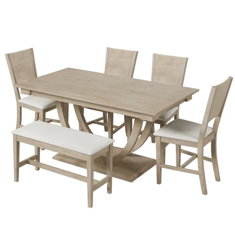 Topmax Modern Half-Round Dining Set: 6-Piece Wood Table, Long Bench, And Four Chairs 1