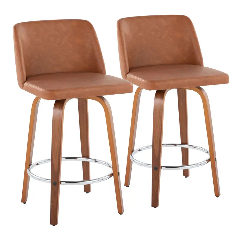 Toriano Swivel Counter Stools – Set Of 2 With Walnut Seat And Camel Upholstery, Round Footrest Included 1