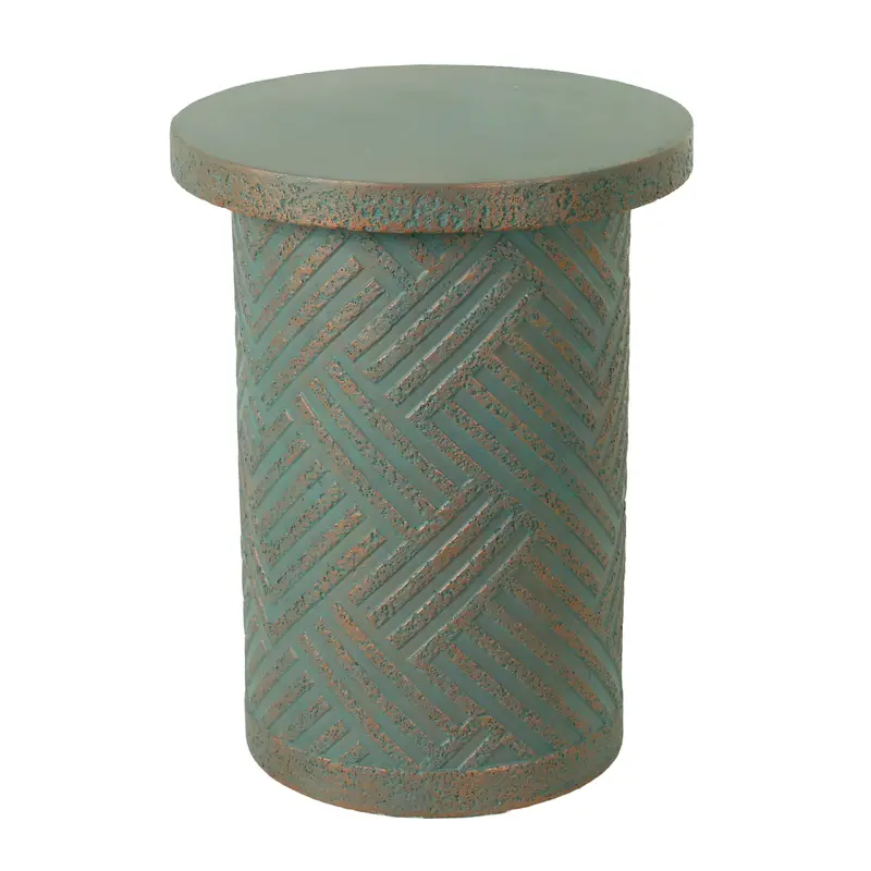 Tree-Stump-Inspired Outdoor End Table – Round Patina Finish In Golden/Green/Peacock 1