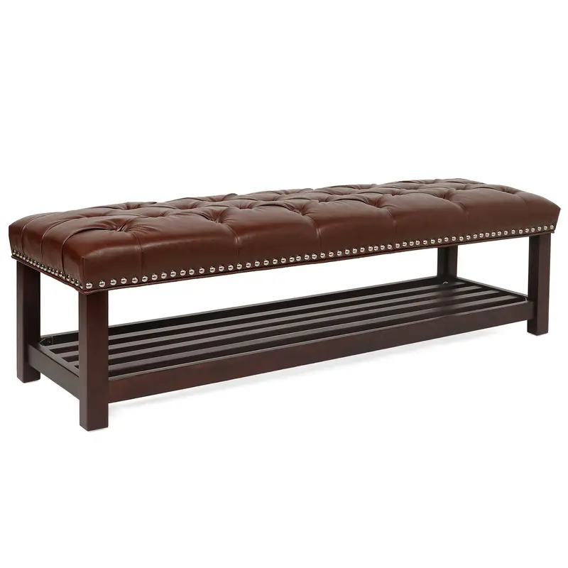 Tufted Upholstered Bench – Nailhead-Trimmed Bedside Or Entryway Shoe Storage Seat With Shelf 1