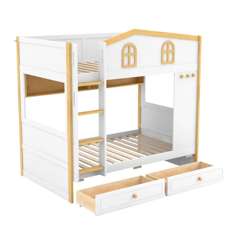 Twin-Over-Twin Bunk Bed With House-Shaped Guardrails, Drawers & Shelves – White/Natural 1