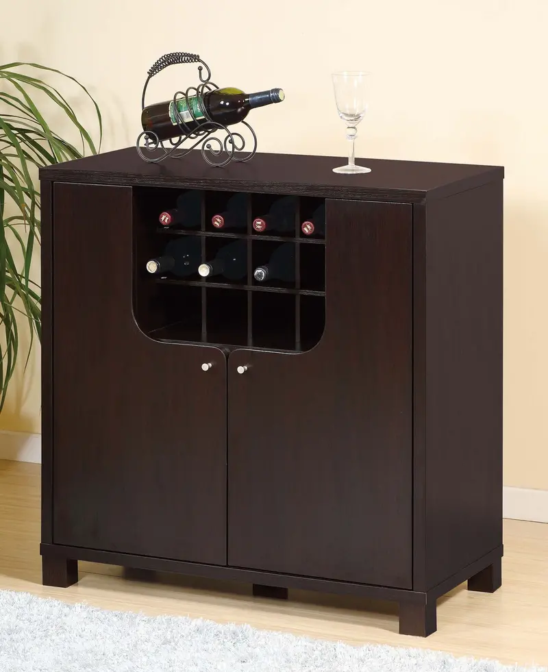 Two-Door Wine Cabinet With Removable Bottle Racks, Glass Shelving, And Rustic Cocoa Finish 1
