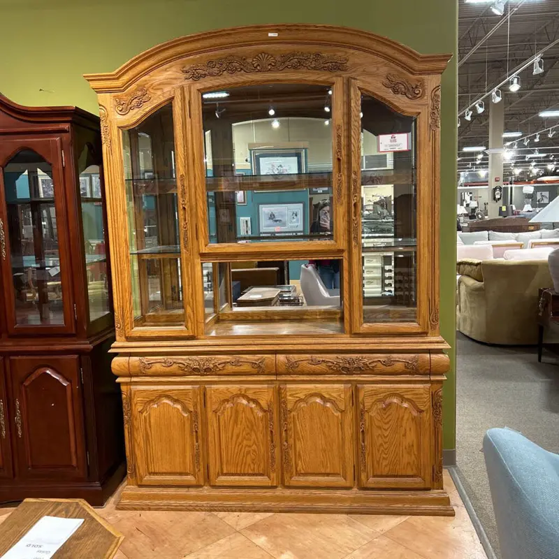 Two-Piece Oak Hutch With Floral Carved Details 1